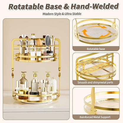 360° Rotating Makeup Organizer, 2-Tier Gold Perfume Organizer - Image 4