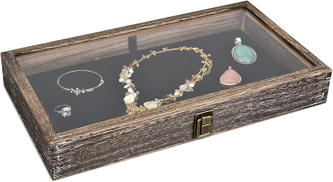 MOOCA Wooden Jewelry Display Case Tempered Glass Top Lid, Gemstone Display Case - Image 4