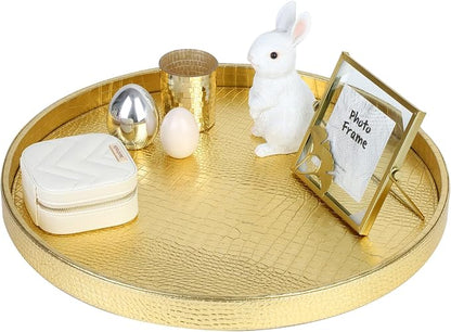 HofferRuffer Round Serving Tray 20'', Elegant Faux Leather Circle Ottoman Table - Image 3