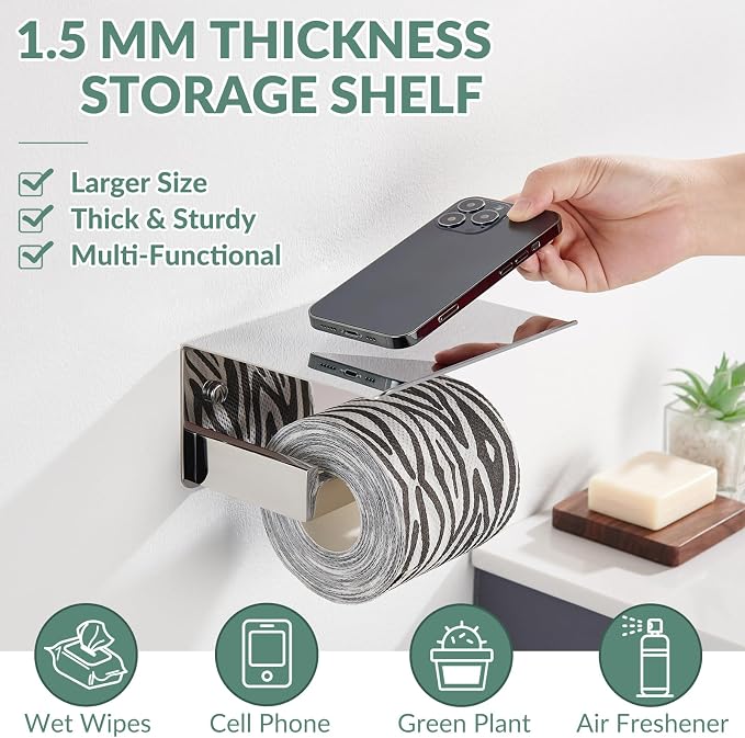 Toilet Paper Holder with Phone Shelf Polished Chrome, APLusee Bathroom - Image 3