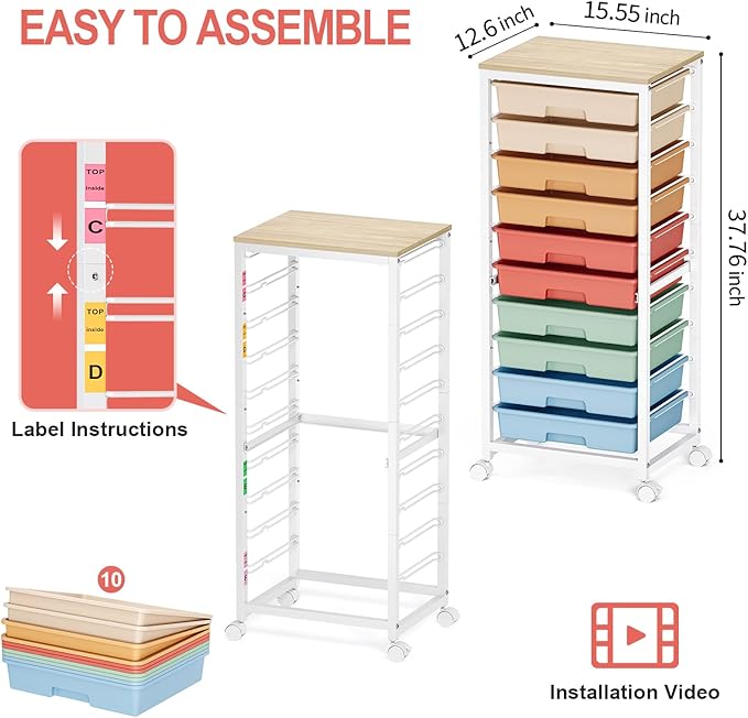 Rolling Cart with Drawers, 10 Drawer Rolling Cart, Storage Cart with Wheels - Image 3