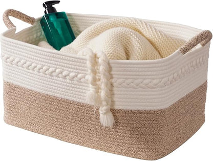 Decorative laundry basket with handles woven from natural cotton rope storage by Unknown