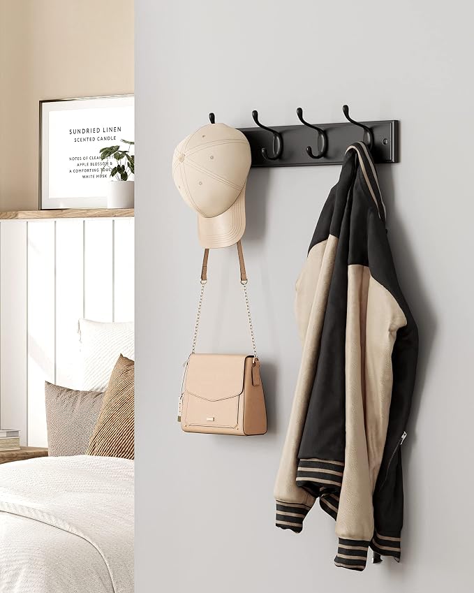SONGMICS Wall-Mounted Coat Rack, Hook Rack, 4 Dual Metal Hooks, - Image 3