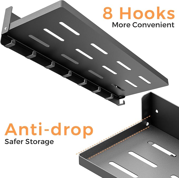 Folding Metal Shelf with Hooks, Wall Mounted Laundry Room Shelf, 8 Hooks & 90° - Image 4