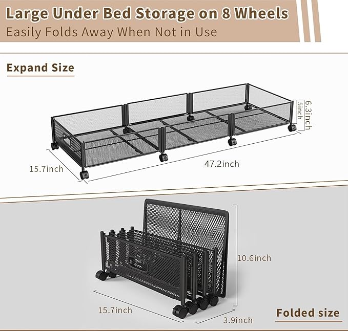 47.2'' Long Under Bed Storage on Wheels, 57.6L Large Capacity Rolling Under the - Image 7