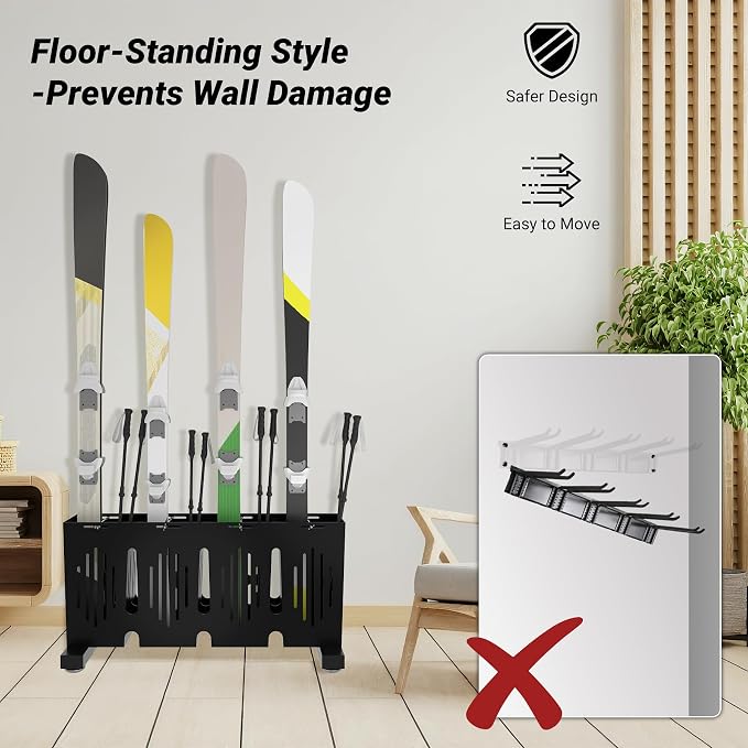 4-Pair Ski Storage Rack w/Width-Adjustable Fixing Bars, Heavy Duty Metal - Image 5