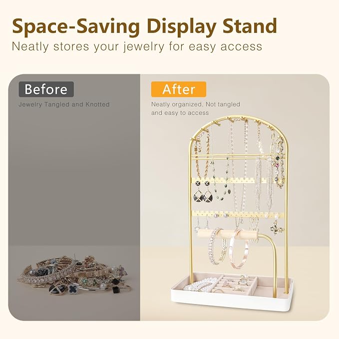 Multi-Functional Jewelry Holder Organizer Necklace Display Stand Velvet Lined - Image 3