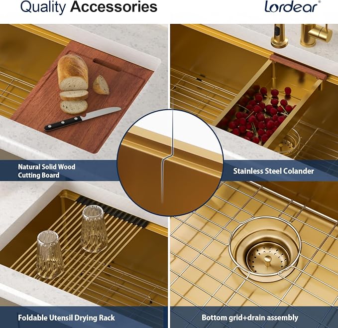 Lordear Luxury 45 Inch Kitchen SInk Gold Undermount Kitchen Sink Large Ledge - Image 5