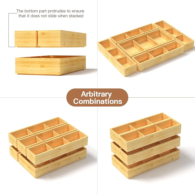 DUJEN 5 pieces Bamboo Drawer Organizer, Adjustable 3 Individual Junk Drawer - Image 3