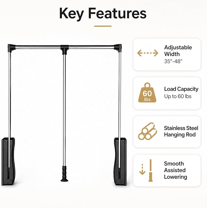 Pull Down Closet Rod 35-48 Inch Adjustable, Heavy Duty Metal Closet Hanging Rod - Image 4