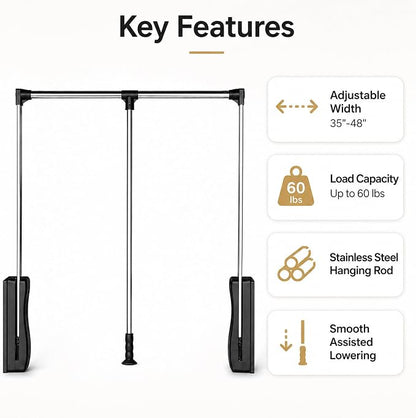 Pull Down Closet Rod 35-48 Inch Adjustable, Heavy Duty Metal Closet Hanging Rod - Image 4