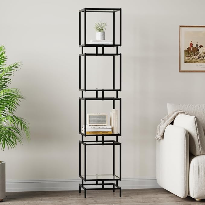 4 Cube Glass Shelf, 4-Tier Bookshelf, Display Shelf Rack, Metal Storage Rack by Furnify
