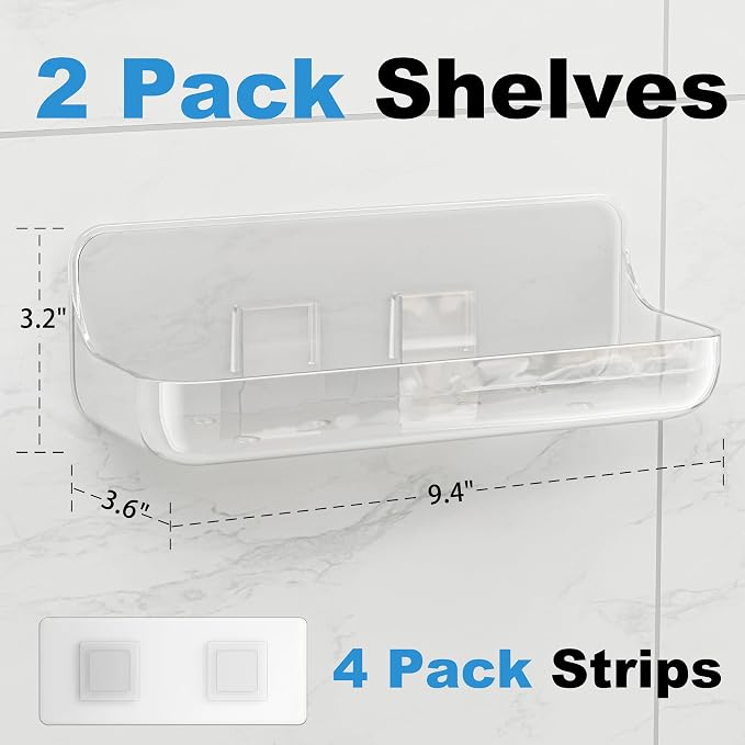 Adhesive Shower Caddy, 2 Pack Acrylic Bathroom Shelves, No Drill Wall Mount - Image 2