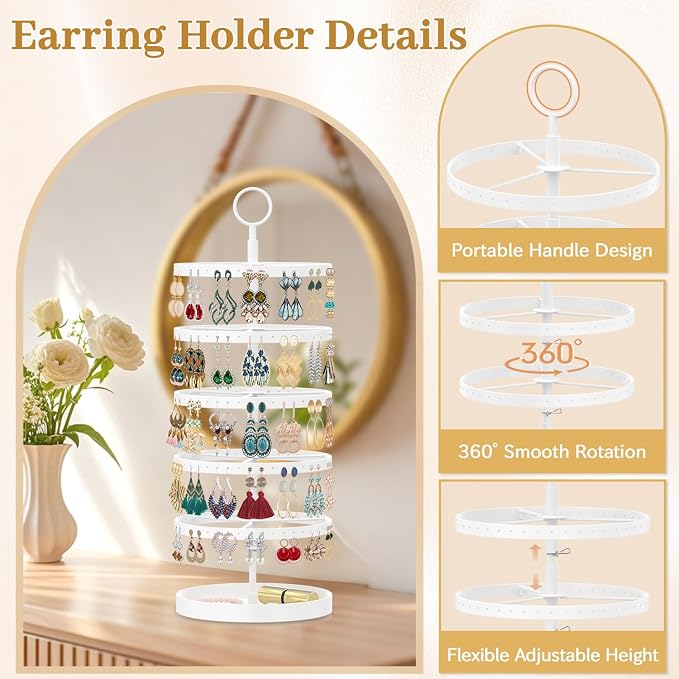 MODOWEY 5 Tiers Rotating Earring Holder Organizer Display, Adjustable Jewelry - Image 4