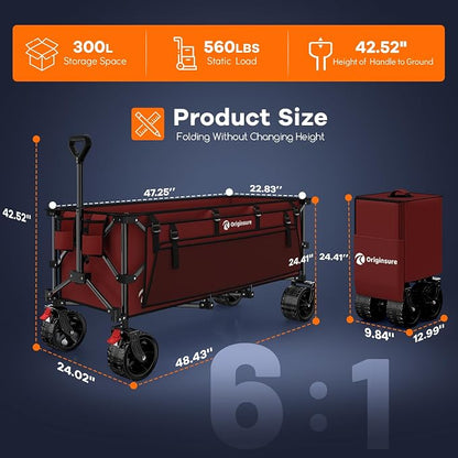 48" L Collapsible Beach Wagon Cart Foldable, 560lbs Weight Capacity 300L Heavy - Image 2