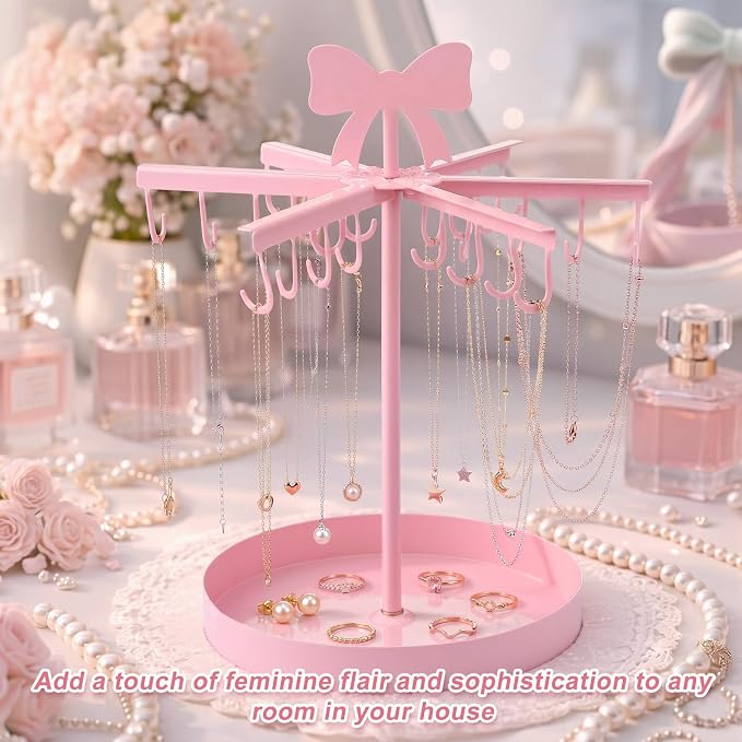 Sliner Pink Bow Rotating Necklace Holder, Metal Jewelry Display Stand Pink - Image 4
