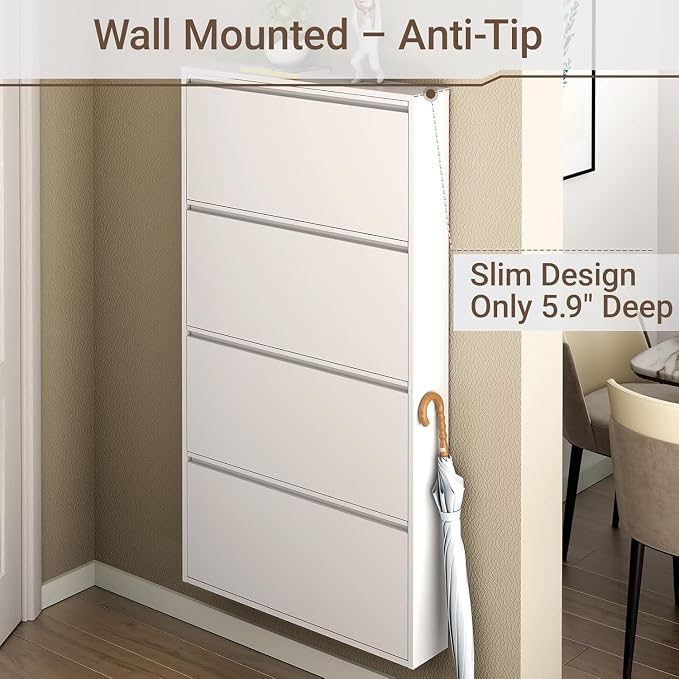 Metal Shoe Cabinet with 4 Flip Drawers, Slim Wall Mounted, Hallway and Mudroom - Image 4
