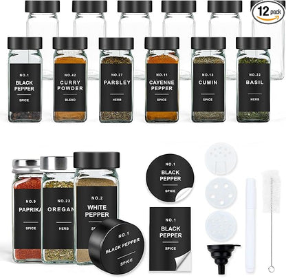 Spice Jars with Label, Square Spice Containers with 152 Labels and Shaker by OMOZUN
