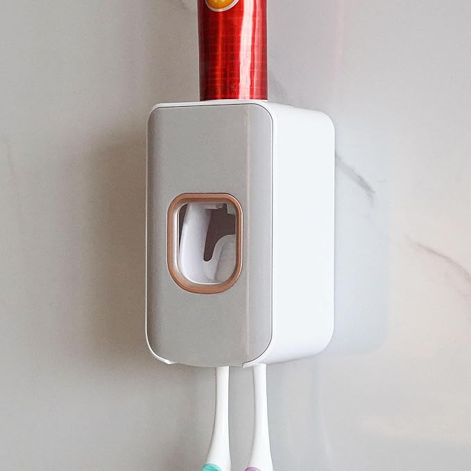 2 Slot Toothbrush Holder and Toothpaste Dispenser Wall Mounted, Automatic by LUEXBOX
