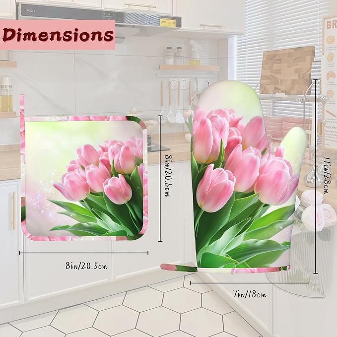 Pink Tulips Romantic Silicone Oven Mitts and Pot Holders, Heat-Resistant 4 - Image 2