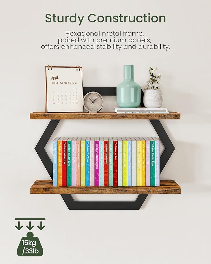 Hexagon Floating Shelves for Wall, 2 -Tier Hanging Shelves, Wall Mounted - Image 4