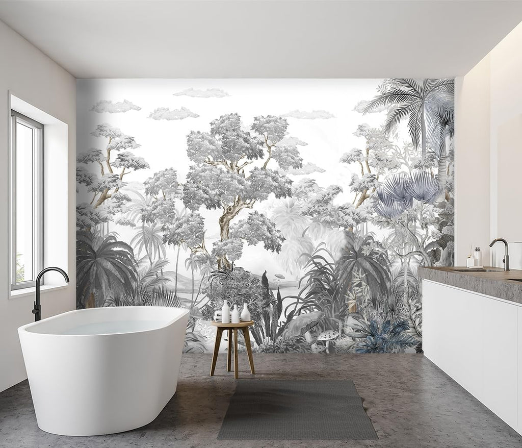 -Tropical Rainforest Botanical Grey Jungle Forest Fabric Wallpaper Living Room Palm Leaf Plant Bedroom Bathroom Large Wall Mural- 137"x96"（ not Peel and Stick）