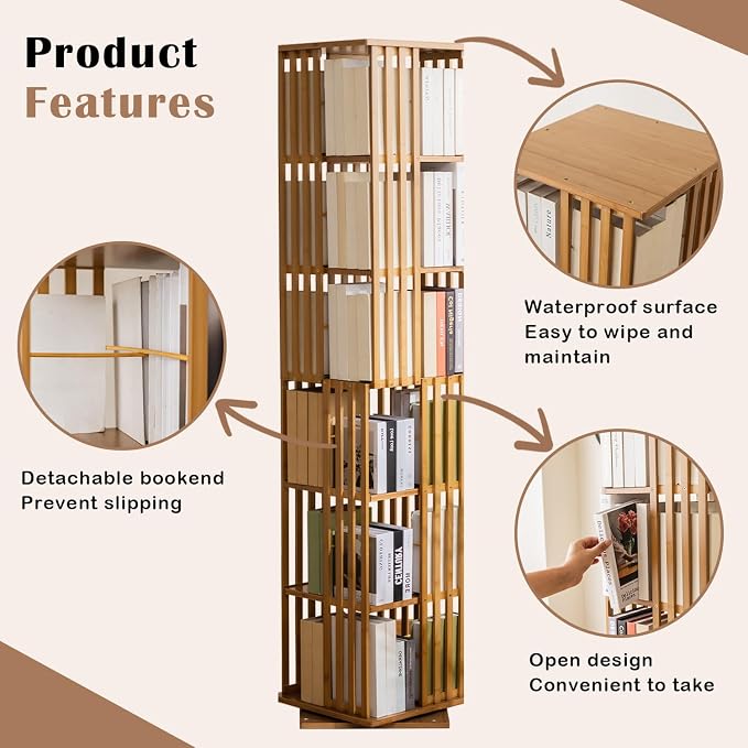 Bamboo 360° Rotating Bookshelf, 6-Tier Corner Bookcase Tower - Image 5