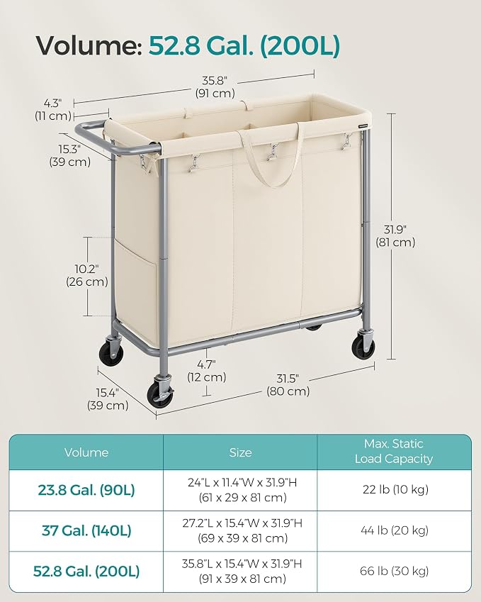 SONGMICS Laundry Basket with Wheels, 3-Section Rolling Laundry Hamper, 52.8 - Image 6