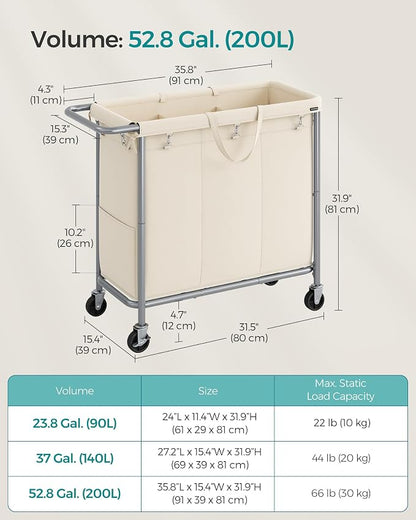 SONGMICS Laundry Basket with Wheels, 3-Section Rolling Laundry Hamper, 52.8 - Image 6