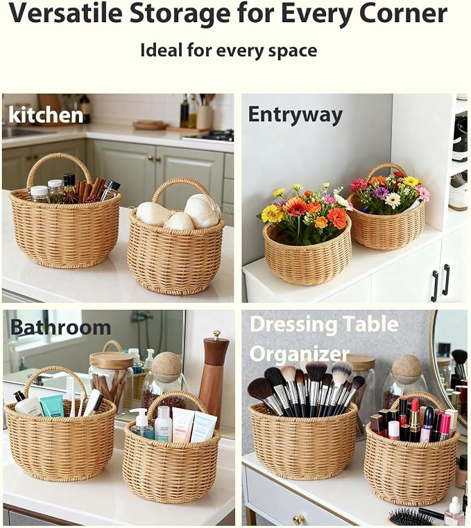 2 Pack Wall Hanging Rattan Baskets, Hand-Woven Storage Basket, Small Wall - Image 4