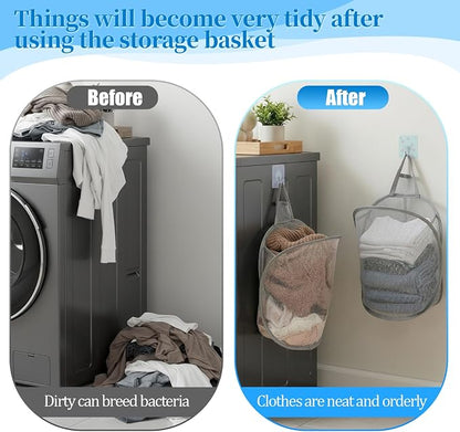 2 Pack Mesh Hanging Laundry Hamper, Small Foldable Wall Laundry Baskets - Image 4