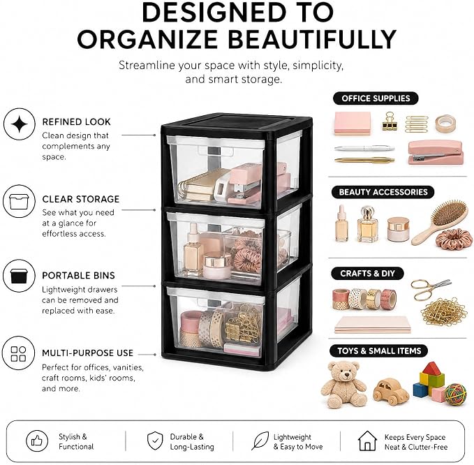3 Drawer Plastic Storage Tower, 14.9" x 12.6" x 25.3" Medium | Organizer Chest - Image 3