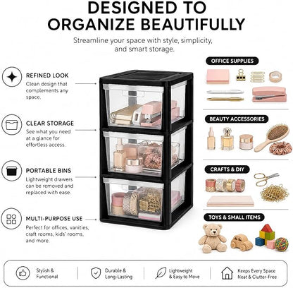 3 Drawer Plastic Storage Tower, 14.9" x 12.6" x 25.3" Medium | Organizer Chest - Image 3