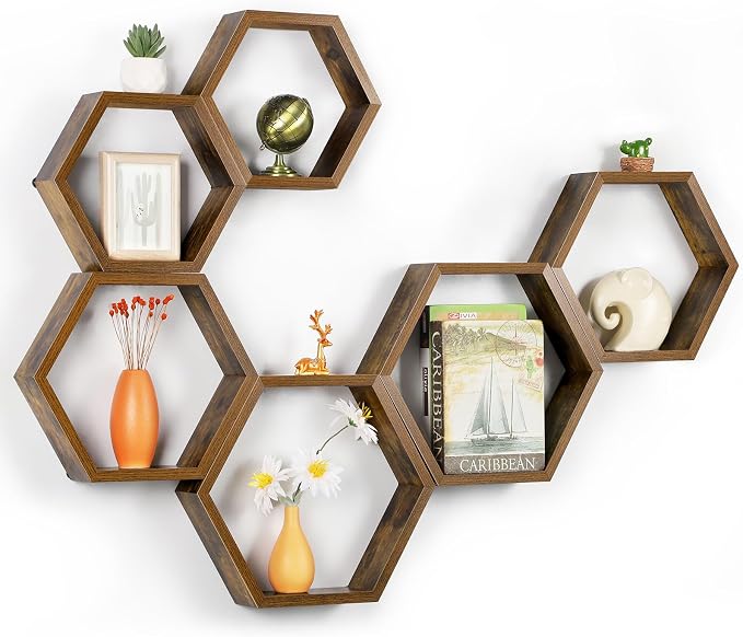YBING Hexagon Shelves for Wall, Wood Honeycomb Floating Shelves Set of 6 - Image 7