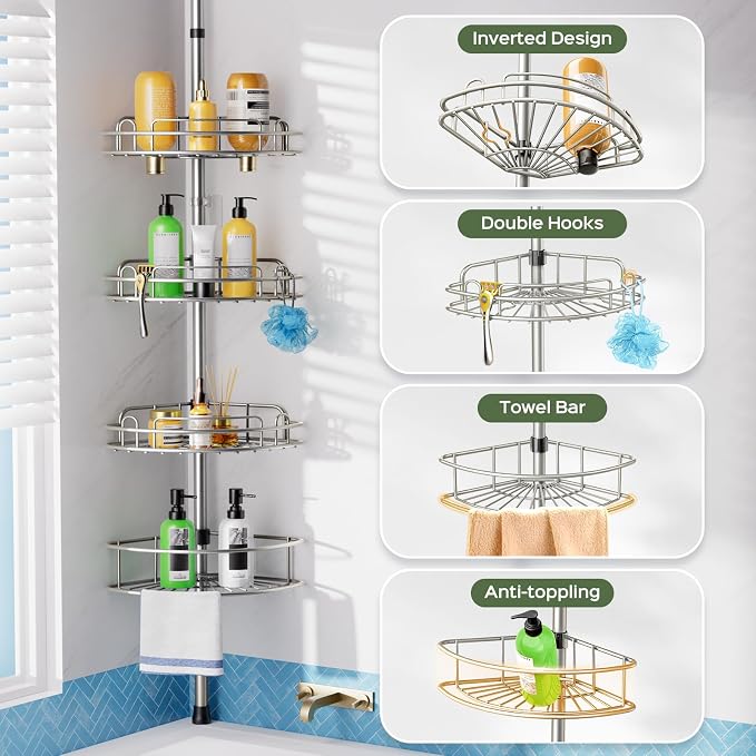 HAMITOR Shower Caddy Tension Pole: 4-Tier Rustproof Bathroom Corner Shelf - Image 5