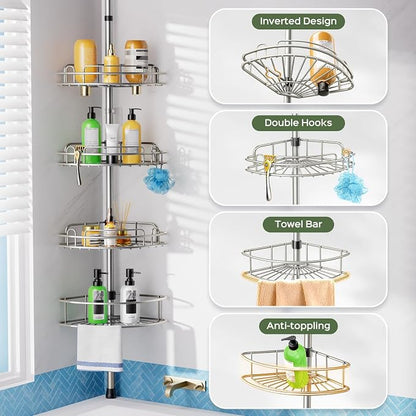 HAMITOR Shower Caddy Tension Pole: 4-Tier Rustproof Bathroom Corner Shelf - Image 5