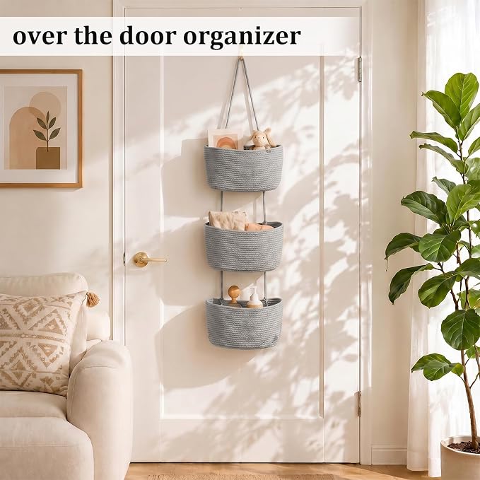 TeoKJ Over the Door Hanging Basket, 3-Tier Woven Cotton Wall-Mounted Storage - Image 2