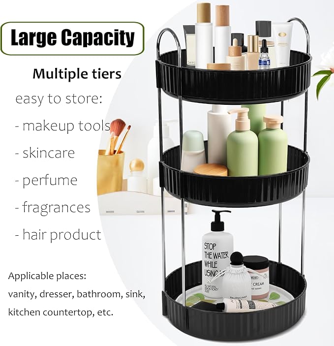 Rotating Makeup Organizer Countertop 3 Tier Lazy Susan Trays Spinning Skincare - Image 3
