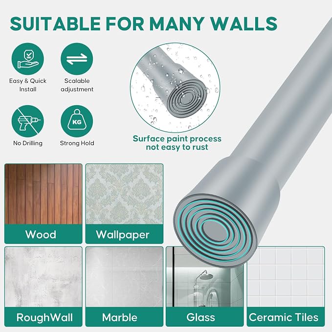 Silver Grey Adjustable Shower Curtain Rod 16-28 Inches 1 pc, 7/8" Diameter - Image 4