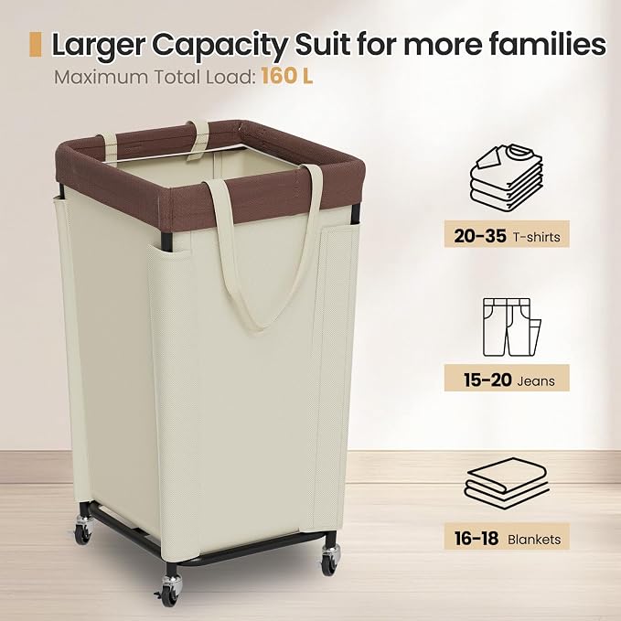 Laundry Basket with Wheels, Laundry Hamper with Removable Bag and Steel Frame - Image 3