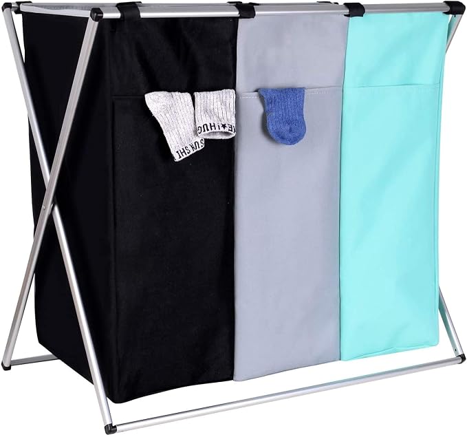 135L Laundry Cloth Hamper Sorter Basket Bin Foldable 3 Sections - Image 5