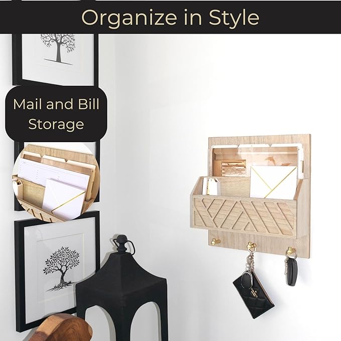 BLU MONACO Wall-Mounted Mail and Key Holder – Natural Wood 2-Tier Letter - Image 2