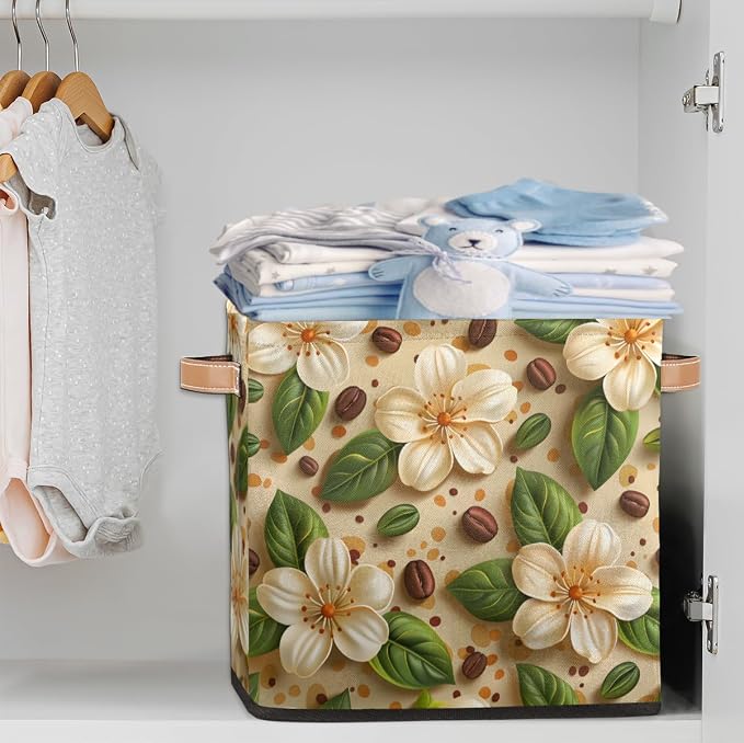 TropicalLife 13x13x13 Inch Large Fabric Storage Cube Beige Floral Print - Image 2