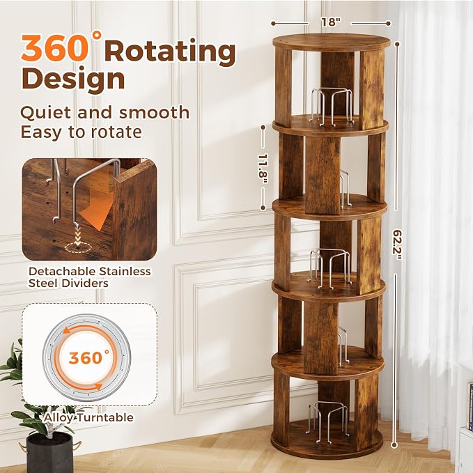 5 Tier Rotating Bookshelf Tower, 360° Display Round Bookcase, Floor Standing - Image 2