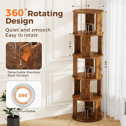 5 Tier Rotating Bookshelf Tower, 360° Display Round Bookcase, Floor Standing - Image 2