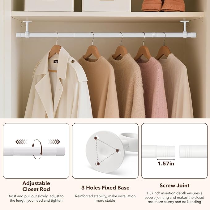 SUTINE Closet Rod, Closet Rods for Hanging Clothes, 17 to 52 inch Adjustable - Image 5