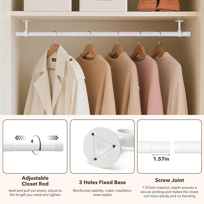 SUTINE Closet Rod, Closet Rods for Hanging Clothes, 17 to 67 inch Adjustable - Image 5