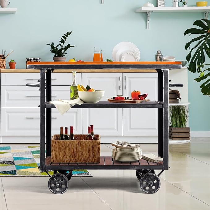 Vintage Rolling Bar Cart on Wheels Industrial Mobile Serving Cart Metal and - Image 8