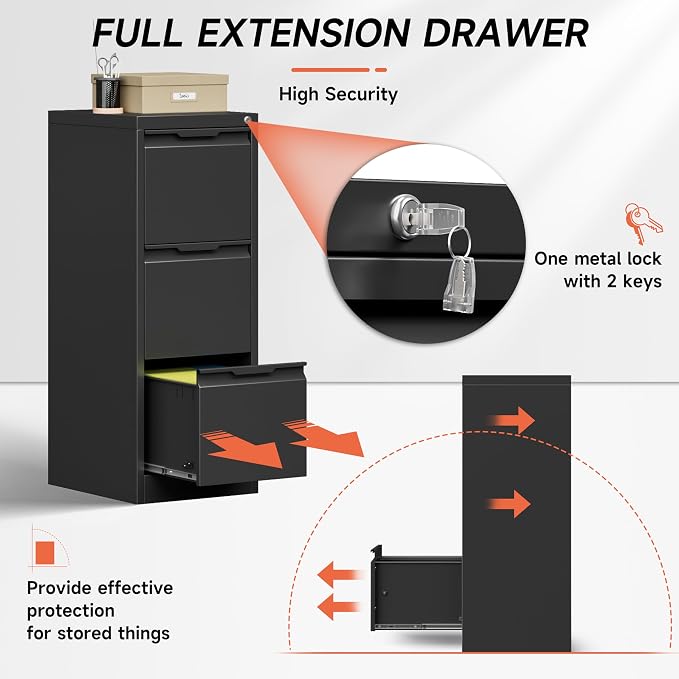 3 Drawer File Cabinet with Lock, Vertical Filing Cabinets - Image 3