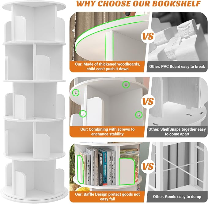 Aheaplus 5 Tier Rotating Bookshelf, Wood Spinning Bookshelf Tower, Round - Image 5